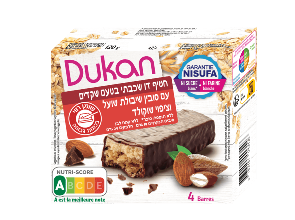 dukan חטיף דו שכבתי בטעם שקדים עם סובין שיבולת שועל וציפוי שוקולד דוקאן